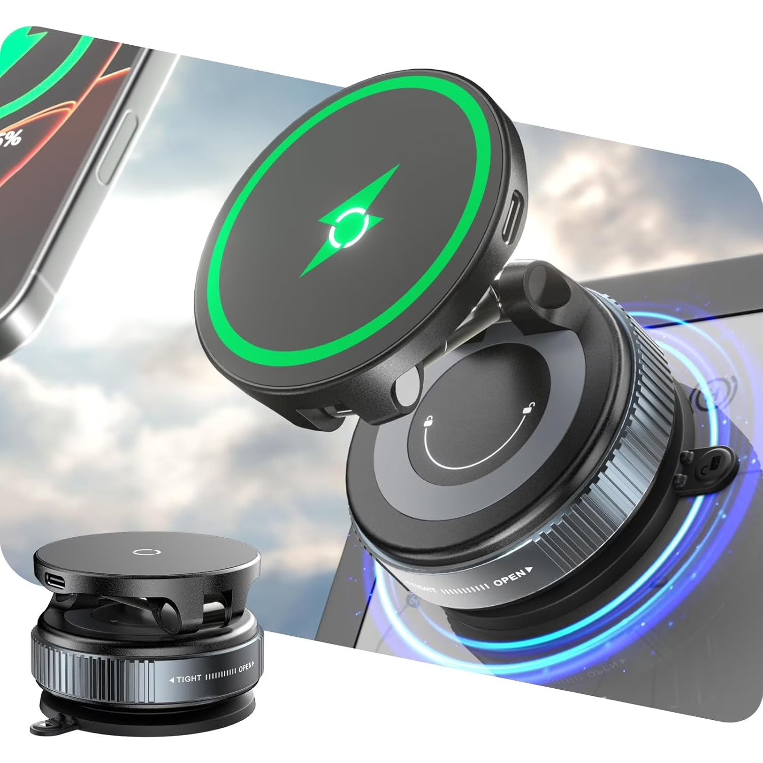 Wireless Car Charger Mount Fast Charging - Chargeur sans fil rapide 15W pour